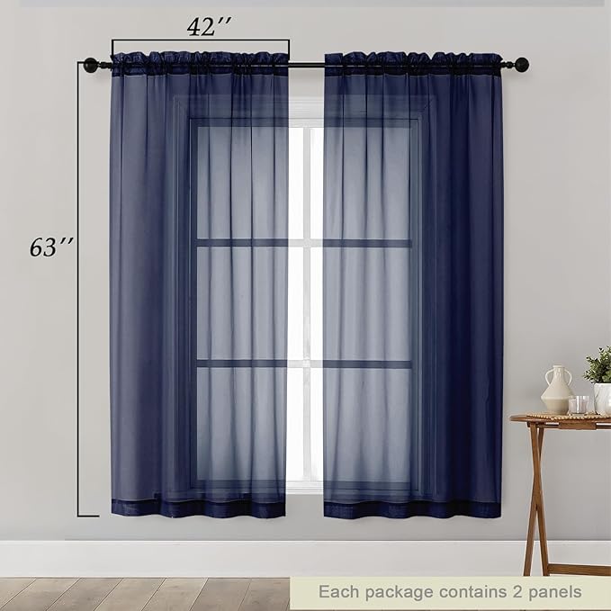 Sheer Navy Blue Curtains for Bedroom Living Room 63 Inch Length 2 Panels, Airy Soft Light Filtering Sheer Dining Room Curtains, Modern Rod Pocket Drapes, Navy Blue, Each 42" Wx63 L Inches
