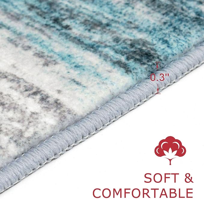 KOZYFLY Modern Abstract Small Area Rugs 2x3, Washable Kitchen Rug Non-Slip Soft Small Bathroom Rug, Blue Striped Entryway Rugs Print Faux Wool Doormat for Bedside Entrance Bedroom Sink