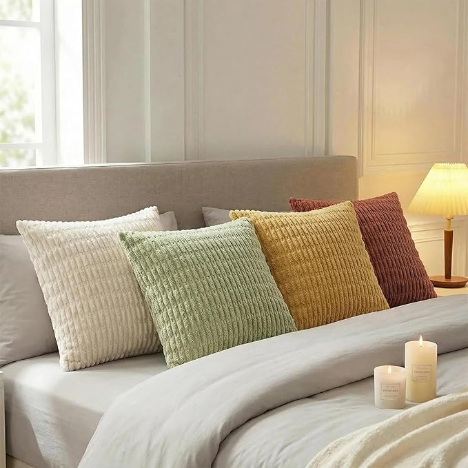 Fancy Homi 4 Packs Boho Fall Decorative Throw Pillow Covers 20x20 Inch for Living Room Couch Bed Sofa, Rustic Farmhouse Home Decor, Soft Plush Striped Corduroy Square Cushion Case 50x50 cm