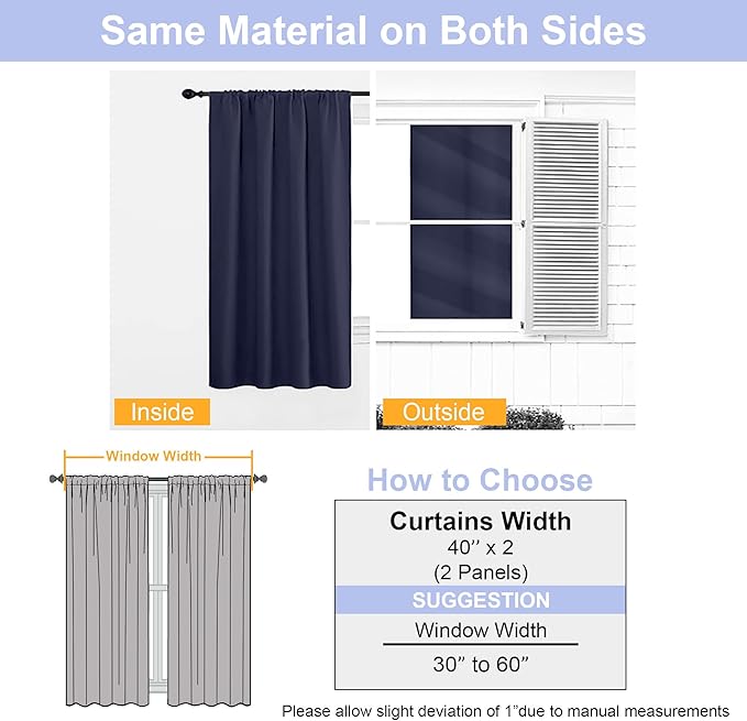 Simplebrand Ava Navy Blue Blackout Curtains for Bedroom 63 Inch Length 2 Panels, Solid Thermal Insulated Energy Saving Rod Pocket Window Treatment Curtains Blackout Drapes, W40 x L63 Inch, Navy Blue