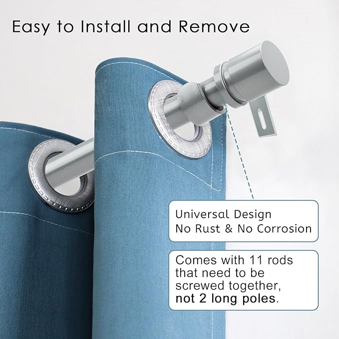 Byondeth Curtain Rods for Windows 16 to 170 Inches Adjustable Length 1 Inch Diameter Window Curtain Rod with Aluminium End Cap, Silver Gray