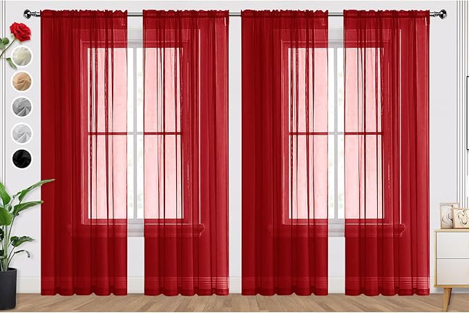 SpaceDresser Christmas Red Sheer Curtains 4 Panels Rod Pocket Semi-Sheer Curtain 84 Inches Long Light Filtering Voile Window Drapes for Bedroom Living Room Kitchen, Each 52W x 84L