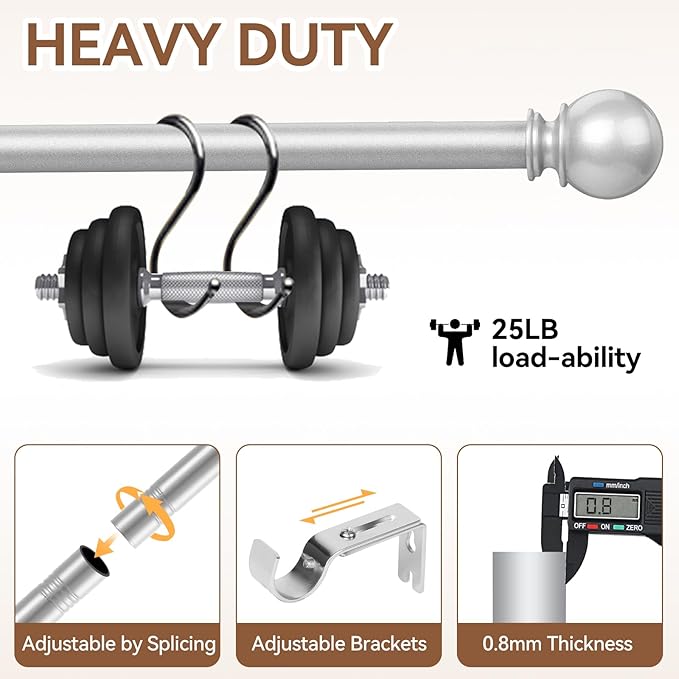 Silver Curtain Rod for Windows 30 to 60 Inch, 5/8 Inch Diameter Adjustable Curtain Rods With Brackets, Heavy Duty Easy to Install, Suitable for Bedrooms and Outdoor