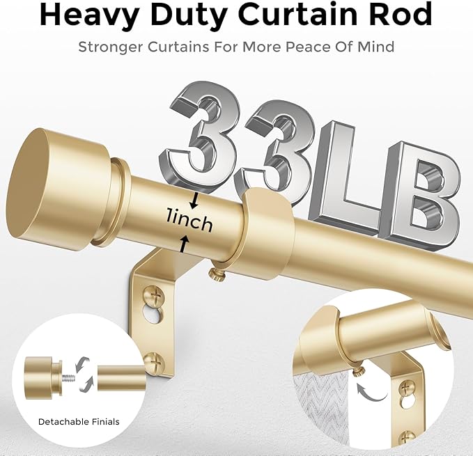 Modern Gold Curtain Rods 2 Pack for Windows 30 to 56 Inch, 1" Diameter Adjustable Heavy Duty Window Curtain Pole with Matte Gold End Cap Finials, Decorative Drapery Rods for Living Room, Bedroom