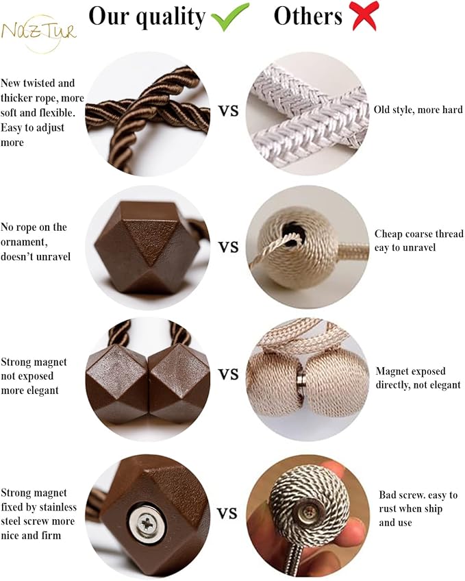 NazTur Magnetic Curtain Tiebacks- Upgrade 2022 with a Thicker Twist Rope & Strong Magnet Tieback Window Treatment Holdbacks Draperies Holders Decorative Drape Handmade Tie Back (Coffee Dark, 4)