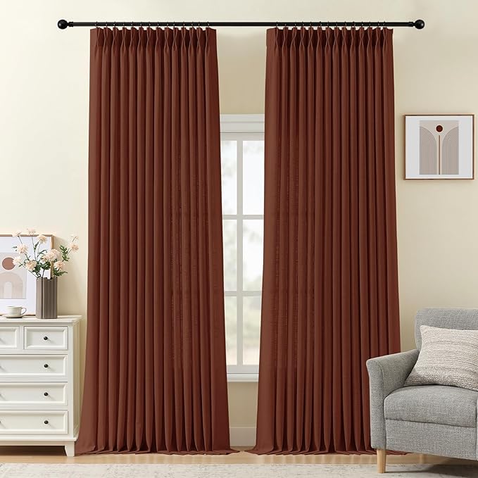 IVAPUPU Extra Long Pinch Pleated Curtains 108 Inch Long for Living Room, Semi Sheer Pinch Pleat Curtain Memory Trained Light Filtering Back Tab Linen Drapes for Bedroom, Chestnut Brown, 2 Panels