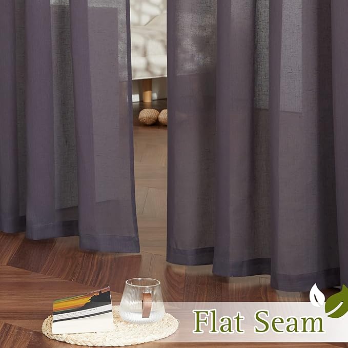 NICETOWN Faux Flax Linen Sheer Living Room Curtains, Grommet Elegant Semi Sheer Curtains Privacy Light Filtering Vertical Drapes for Kids Room/Daughter, W52 x L90, Purple Brown, 2 Panels