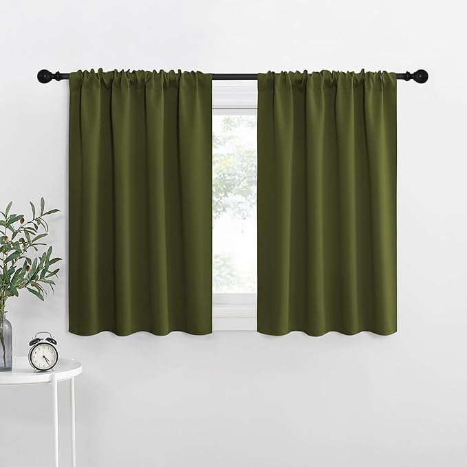 NICETOWN RV Blackout Curtains for Camper Windows, Olive, 34" x 36", Set of 2, Kitchen Curtains, Short Blackout Drapes, Thermal Insulated Rod Pocket Window Treatment Draperies for Nursery