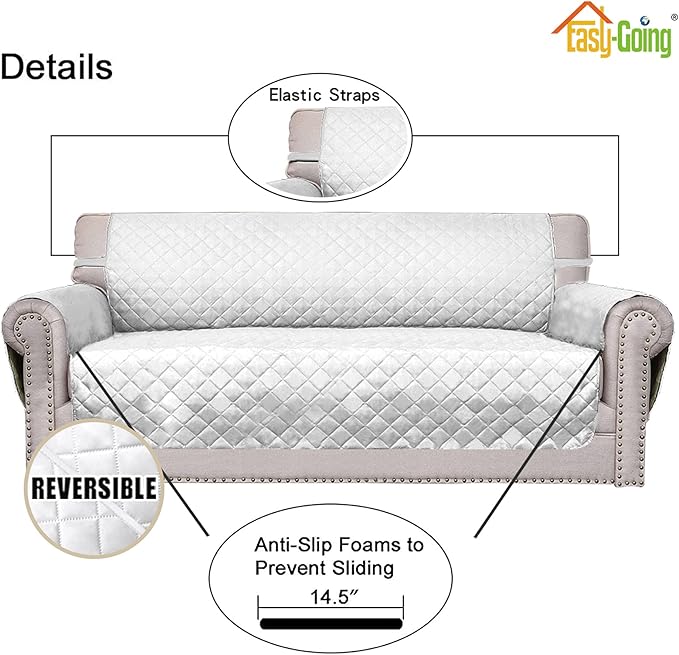 Easy-Going Reversible Loveseat Couch Cover for 2 Cushion Couch Sofa Cover for Dogs Water Resistant Furniture Protector with Foam Sticks Elastic Straps for Pet (Loveseat, White/White)