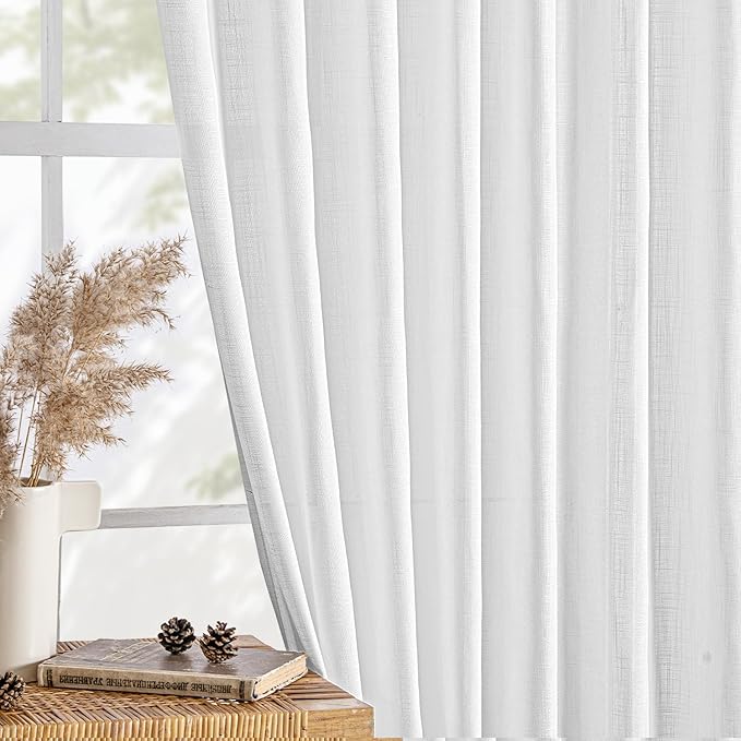 MIULEE White Linen Curtains 108 Inches Long 2 Panels for Bedroom Living Room, Soft Thick Linen Textured Back Tab Window Drapes Semi Sheer Light Filtering Rod Pocket Modern Farmhouse Decor