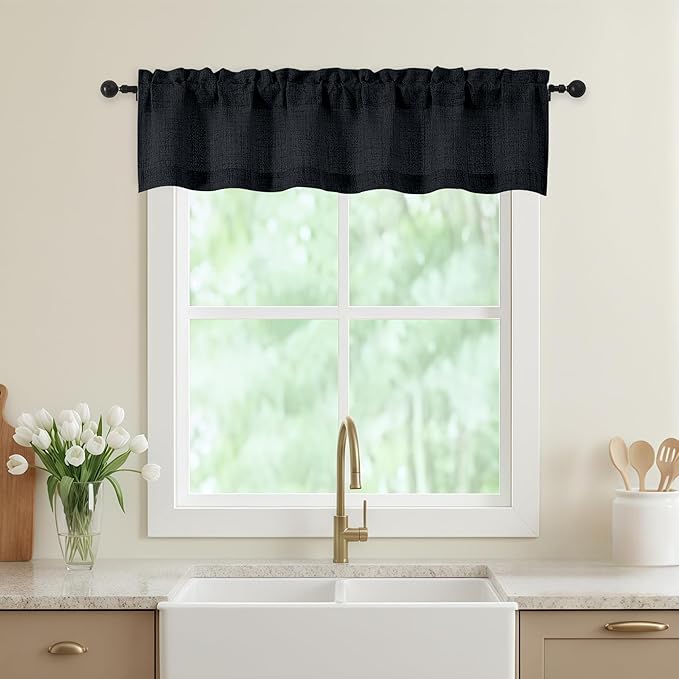 Black Valances for Windows, Light Filtering Faux Linen Textured Small Short Valance Curtains for Bathroom Basement Farmhouse, Rod Pocket Top Half Curtains for Windows, 60Wx12L Inch