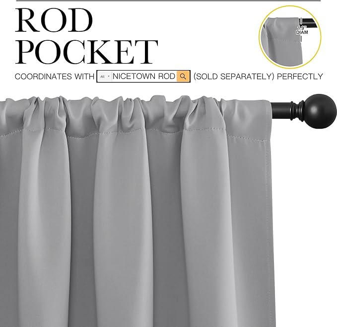 NICETOWN Short Curtains for Wide Window - Thermal Insulated Rod Pocket Blackout Drapes/Draperies for Dining Room (2 Panels, W62 x L63 inches, Silver Grey)