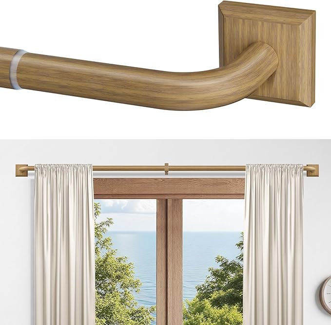 Boho Wood Grain Curtain Rods for Windows 66-152Inch(5.5-12.7ft) Heavy Duty Wrap Around Blackout Curtain Rods, Adjustable Room Darkening Drapery Rod for Bedroom, Living Room & Outdoor, Stainless Steel