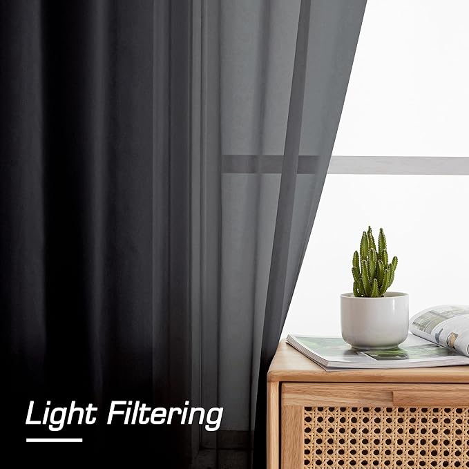 Simplebrand Black Sheer Curtains 63 Inch Length 2 Panels, Rod Pocket Solid Color Window Sheer Curtain Panels, Elegant Curtains & Drapes for Living Room, Bedroom 2 Panels (Black, 42" W x 63" L)