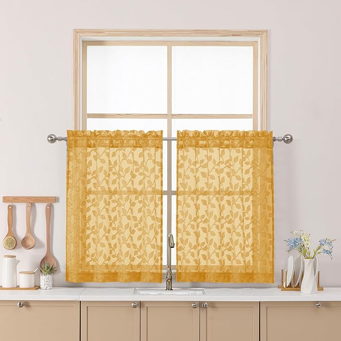 Chyhomenyc Gold Sheer Curtains 30 Inch Length, Light Filtering Leaf Tufted Textured Small Window Kitchen Curtain Over Sink, Short Half Window Curtains for Bathroom Basement, 30" Wx30 L, 2 Panels