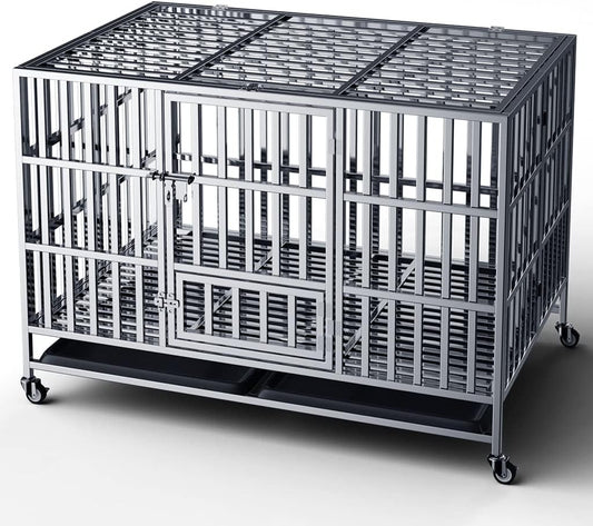 Collapsible Stainless Steel Dog Crate, 30" 37" 42" 48" Sizes, Lockable Wheel, with Tray, Stackable, Heavy Duty, Divider, Indoor and Outdoor (h-42in)