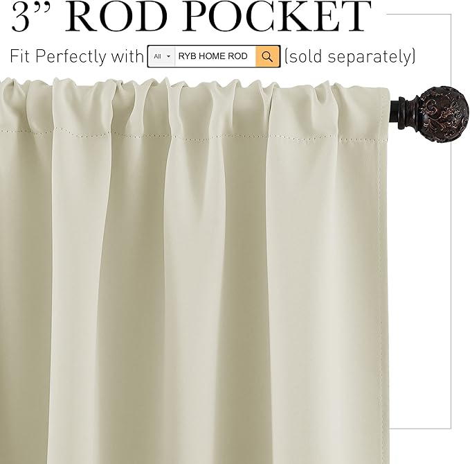 RYB HOME Half Curtain Tiers 36 inch Length, Rod Pocket Summer Heat Blocking Thermal Insulated Short Curtains for Small Window, Width 34 by Length 36, Beige, 2 Panels