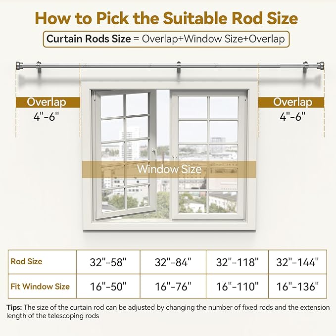 YaFex Curtain Rods 32-144 Inch, Heavy Duty 1 Inch Adjustable Curtain Rod for Windows, Silver Extra Long Window Treatment Rods, Modern Design, Easy Installation