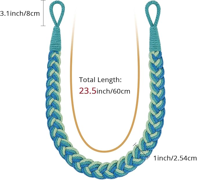 NICEEC 2 Pack Natural Cotton Rope Curtain Tiebacks Elegant Boho Style Decorative Drape Tie Backs Soft Hand-Woven Rope Curtain Holdbacks with Metal Hook for Home & Office Drapery (Gradient Blue)