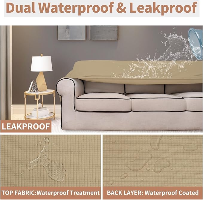 Easy-Going 100% Waterproof Oversized Chair Couch Cover, Dual Waterproof Sofa Cover, Stretch Jacquard Sofa Slipcover, Leakproof Furniture Protector for Kids, Pets, Dog and Cat, Sand