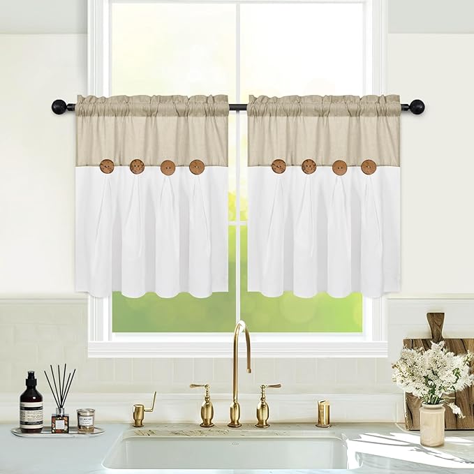 Boho Kitchen Curtains 24 Inch Length, Farmhouse Cotton Linen Tier Curtains, Rustic Button Short Curtain for Windows, Country Cafe Curtain, Rod Pocket Small Window Drapes, Linen and White, 26x24