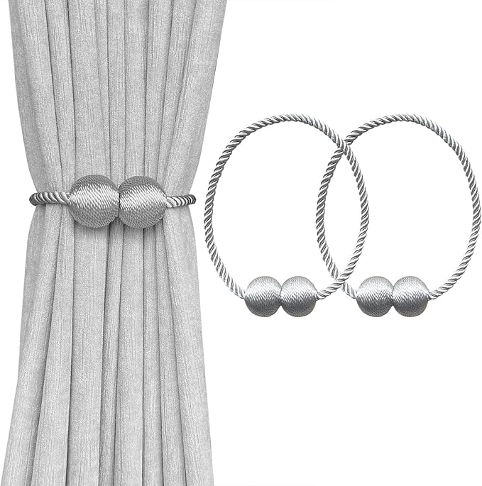 Melaluxe 2 Pack Magnetic Curtain Tiebacks, Decorative Curtain Holdbacks for Window Décor (Grey)