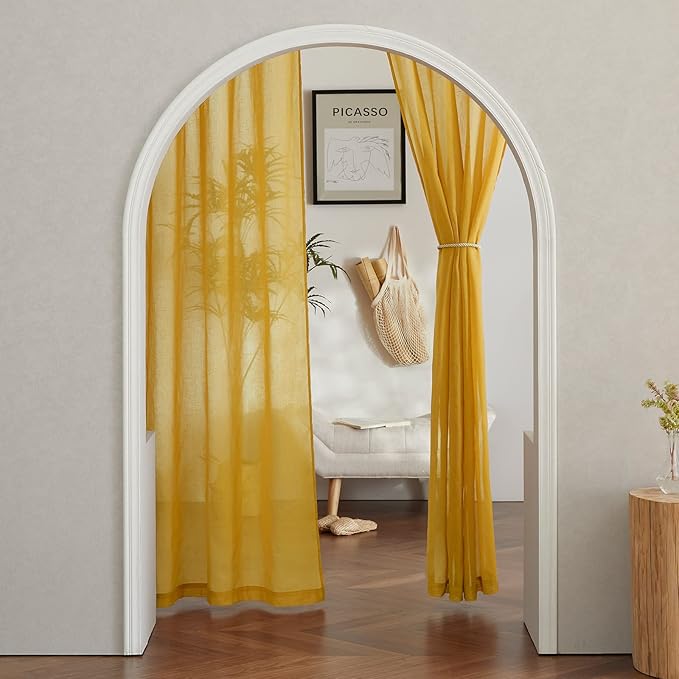 NICETOWN Semi Sheer Curtains Flax Linen Texture, Grommet Retro Window Treatment Linen Weave Vertical Drapes Privacy with Light Filter for Living Room, Citrine, 2 Panels, W52 x L84