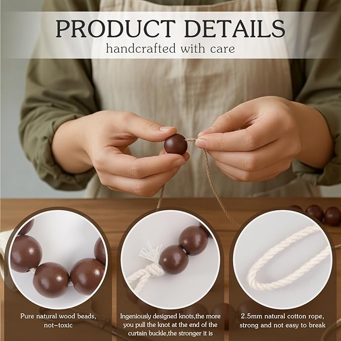 Hion 4 Pcs Boho Curtain Tiebacks,Wood Beads Curtain Holdbacks,Outdoor Farmhouse Tie Backs for Curtains,Curtain Holders for Drapes Home Office Room Decor with Hooks(Coffee)