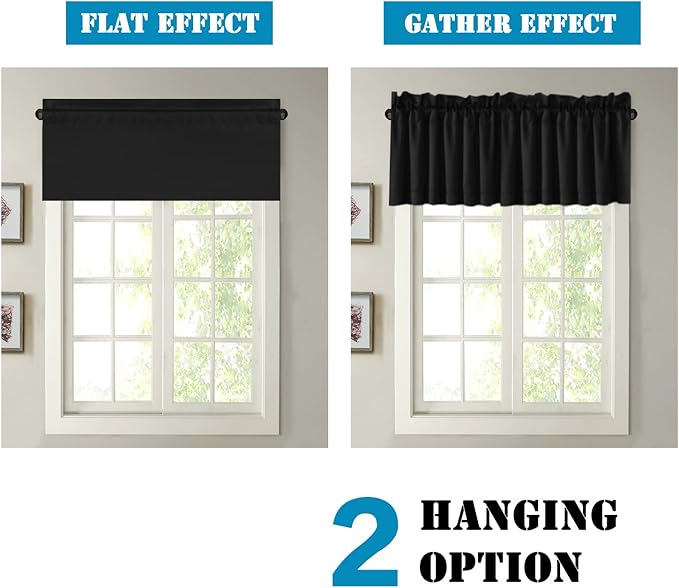 H.VERSAILTEX Blackout Valances for Window, Black Kitchen Valances Curtains for Living Room/Bedroom/Bathroom Short Window Privacy Decorative Rod Pocket 2 Packs, 52" W x 18" L, Black