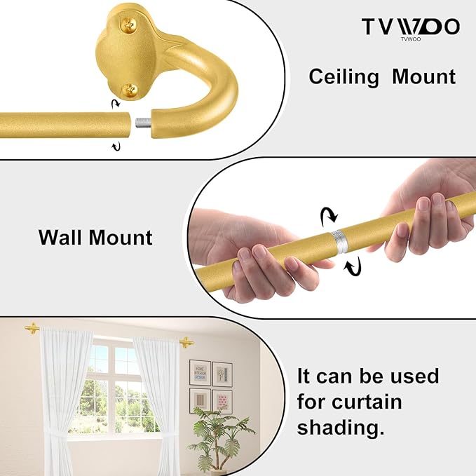 TVWOO Gold Wrap Around Curtain Rods:5/8" Small Blackout Adjustable Window Curtain Rod for Bedroom Kitchen Apartment Renter Friendly,Room Darkening Curved Drapery Rods Easy Install,Brass Golden 36-72"