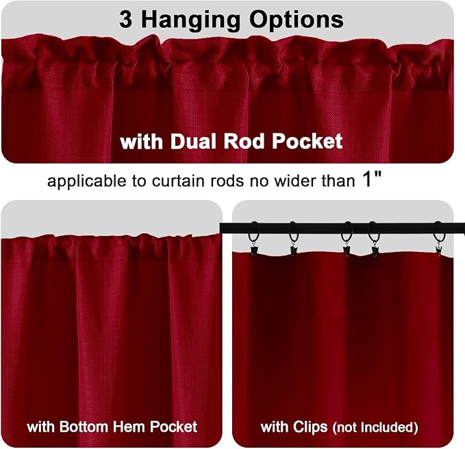 Chyhomenyc Red Valance for Windows, Light Filtering Faux Linen Textured Small Short Valance for Kitchen Bathroom Laundry Basement, Solid Rod Pocket Top Window Curtain, 60Wx14L inch, 1 Piece
