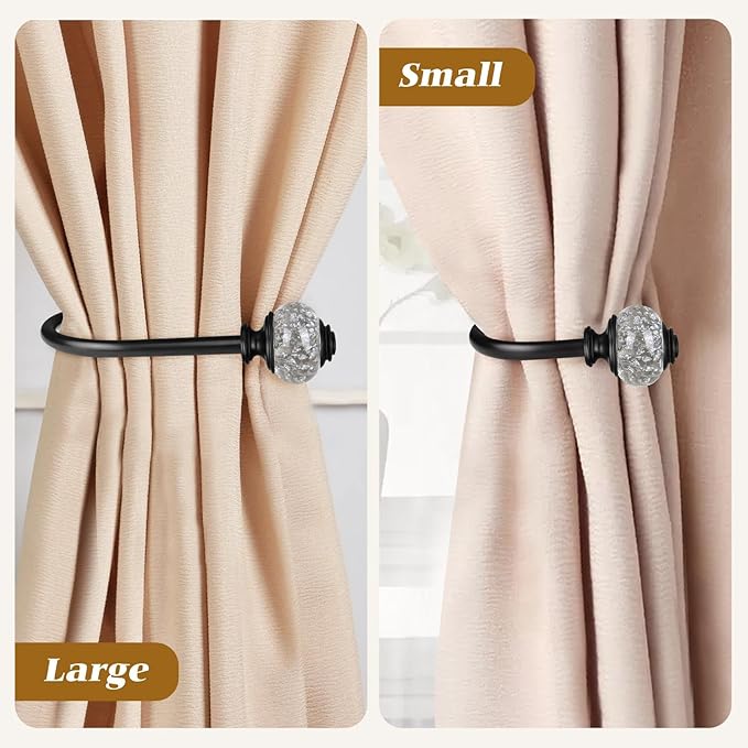 2 Pack Curtain Holdbacks, USFOOK Black Decorative Window Drapery Tiebacks (2 Pack/1 Pair), Curtain Tie Back Hooks for Wall with Translucent Finials (3.95" L x 3.4" W)