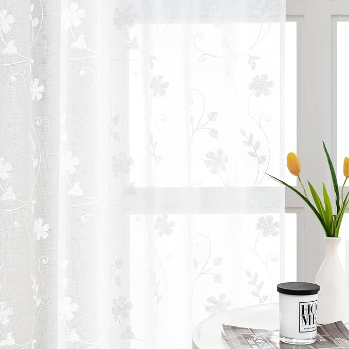 HOMEIDEAS White Sheer Curtains 84 Inches Long 2 Panels White Embroidered Floral Pattern Semi Sheer Window Curtains for Bedroom Living Room