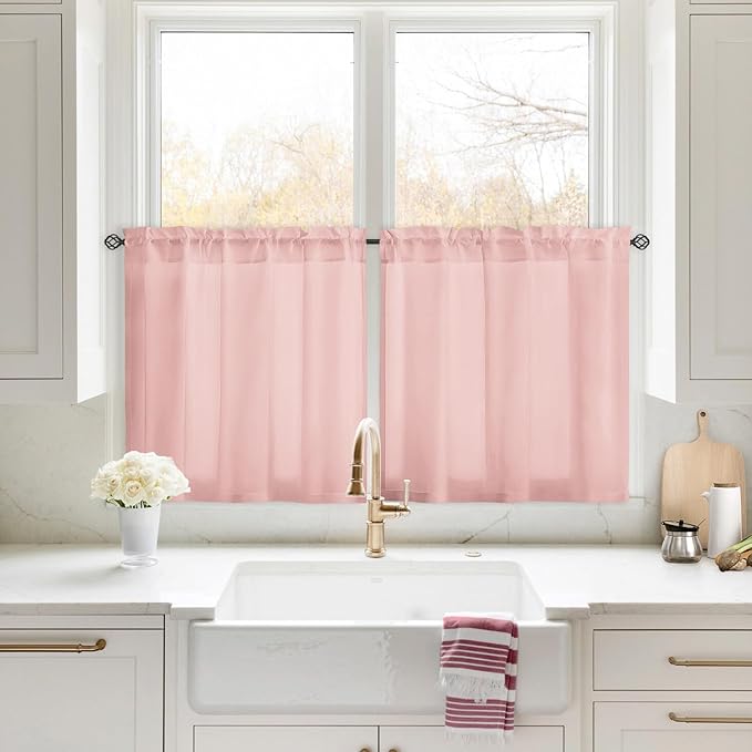 HOMEIDEAS Non-See-Through Blush Pink Privacy Sheer Kitchen Curtains, 30 X 24 Inches Long 2 Panels Short Sheer Curtains Light Filtering Bathroom Window Drapes for Bedroom Living Room