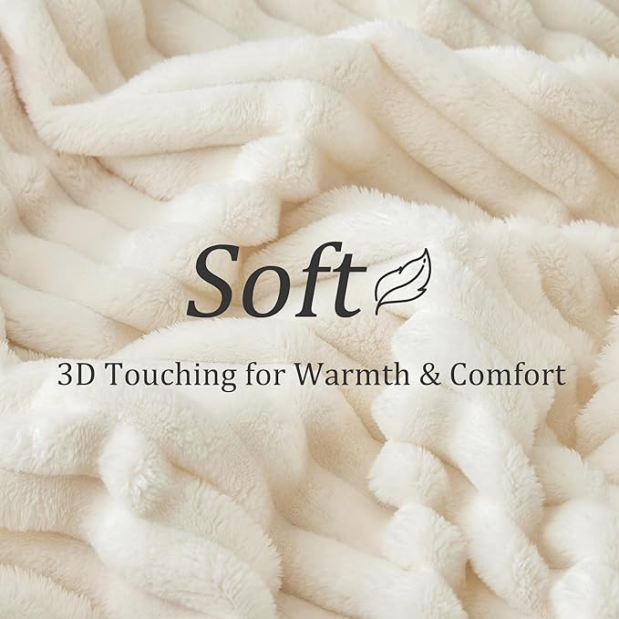 BEDELITE Twin Blanket for Couch & Bed, 300GSM Soft & Warm Fleece Blanket, Decorative and Giftable Striped Cream White Blankets for Women, Men, 60"x80"