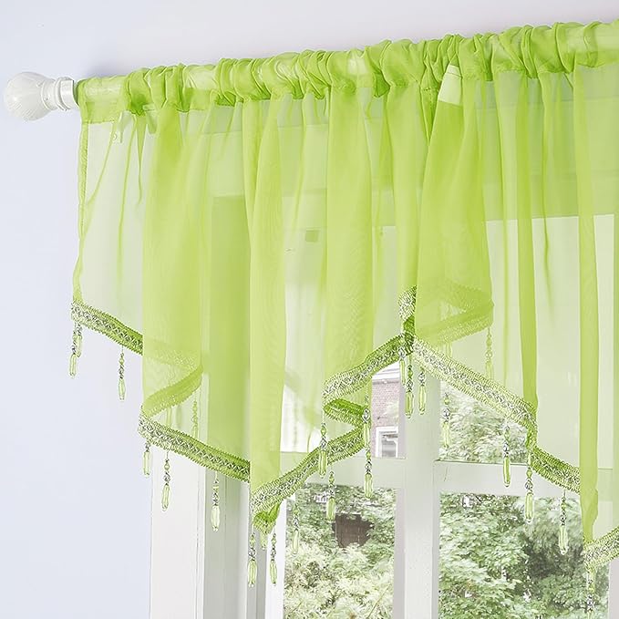 Molaxhome Swag Curtain 51 inch Length Rod Pocket Scalloped Curtain Valance Sheer Lace Panels with Hanging Crystal Beads for Kitchen Bedroom Window Treatments Drape Decor 1pc (Green, 51Wx23L)