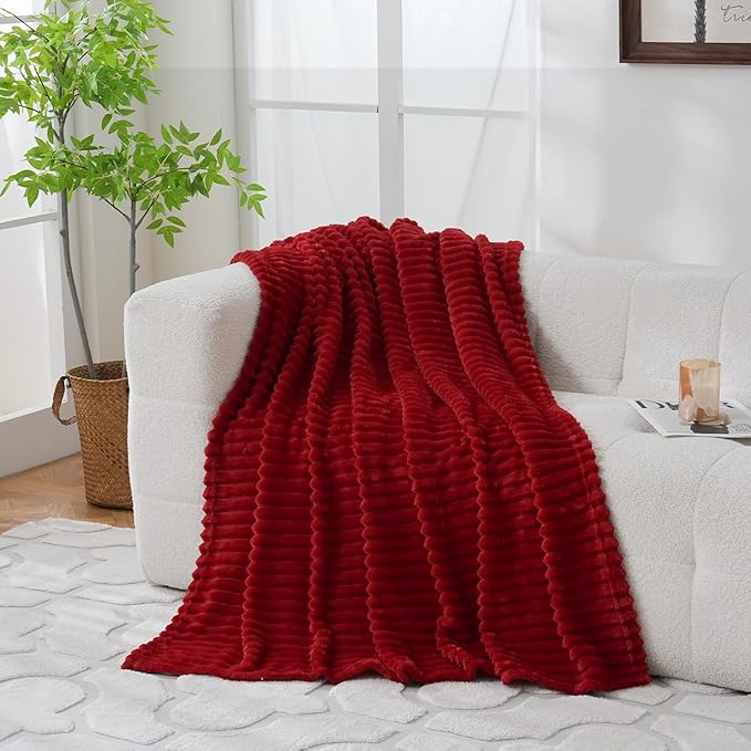 Red Fleece Throw Blanket 60”×80” for Couch Sofa Bed,Super Soft Cozy Plush Microfiber Flannel Blanket with Stripes Design Lightweight for Adults,Woman,Girls