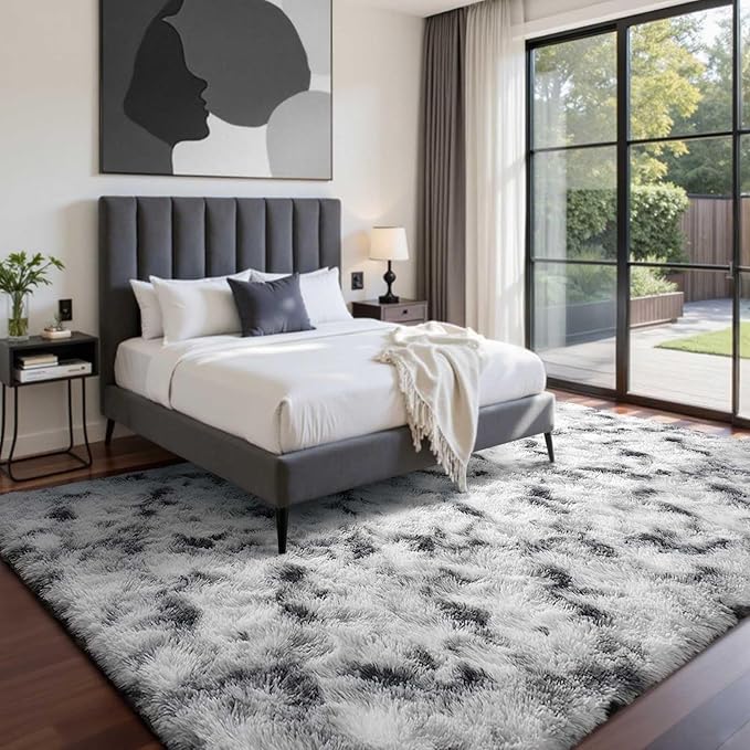 4x6 Ft Shag Area Rug for Bedroom Living Room, Tie-Dyed Ultra Soft Fluffy Furry Rugs for Indoor Floor, Aesthetic Carpet for Kids Home Decor (Black White)