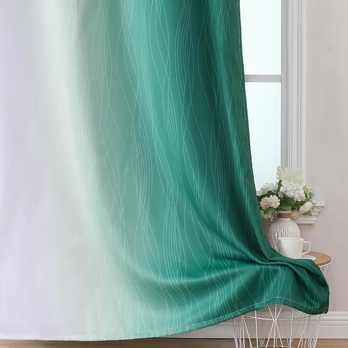 Estelar Textiler Green and Greyish White Gradient Blackout Curtains for Bedroom, Thermal Insulated Ombre Drapes 96 Inches Long, Full Light Blocking Curtains for Living Room, 52Wx96L, 2 Panels