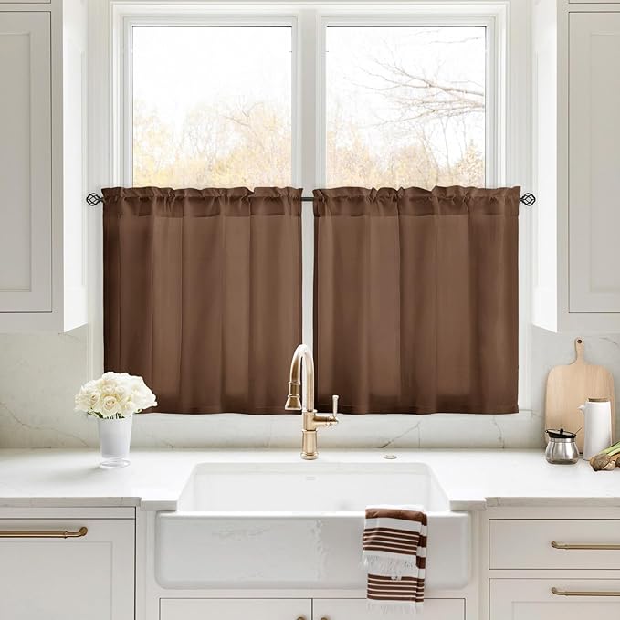 HOMEIDEAS Non-See-Through Brown Privacy Sheer Kitchen Curtains, 30 X 24 Inches Long 2 Panels Short Sheer Curtains Light Filtering Bathroom Window Drapes for Bedroom Living Room
