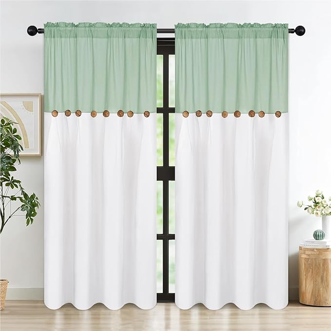 FRAMICS Farmhouse Cotton Linen Curtains for Living Room, Boho Button Curtains 84 Inch Length 2 Panels Set, Navy Blue Rustic Country Linen Window Curtains for Bedroom, Rod Pocket Drapes, 52 x 84 Inch