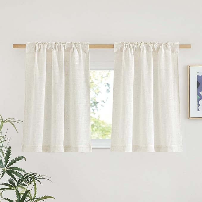 NICETOWN Cafe Curtains 30 inch Length, Rod Pocket & Back Tab Natural Linen Blend Privacy with Light Filtering Short Window Treatments for Kids Room, W29 x L30, 2 Panels