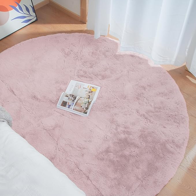ORINOVA Pink Boho Round Rugs 8ft Large Fluffy Machine Washable Fuzzy Fur Area Rugs for Living Room Plush Circle Sheepskin Rugs for Bedroom Nursery Rug