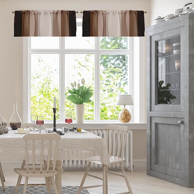 Emvency 2 Pack Valances Window Treatments, Striped Neutral Brown Minimalist Beige Retro Drapes Adjustable Curtain for Windows Living Room Kitchen Over Sink, 52x18 Inch Rod Pocket Valances
