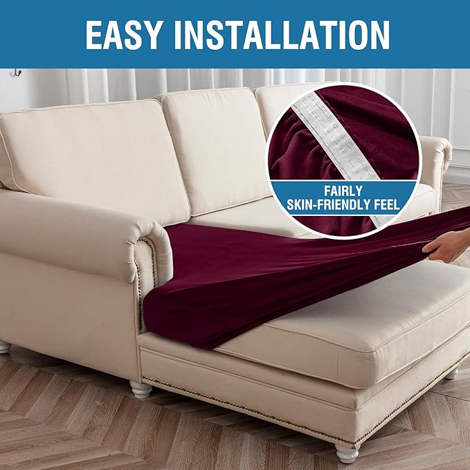 Couch Cover 8-Piece Elastic Velvet Couch Cushion Covers & Chaise Slipcovers for L-Shaped Sofas, Sofa Seat Covers Washable, Soft Cover for Couches (7 Seater + Chaise, Wine)