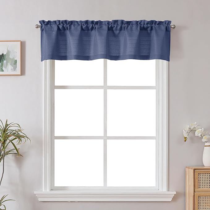 Chyhomenyc Blue Valance for Windows, Light Filtering Faux Linen Solid Short Curtain Valance, Burlap Decorative Small Curtain for Kitchen Bathroom Laundry Basement, 60Wx12L inch, 1 Piece