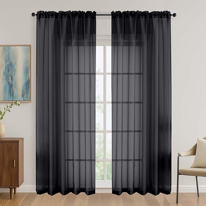 OVZME Black Sheer Curtains 84 Inches Long 2 Panel Sets, Solid Color Lightweight Voile with Light Filter for Sliding Door, Living Room&Bedroom (W42 x L84, 1 Pair)