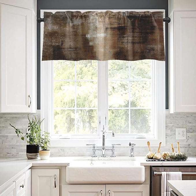 Emvency 4 Pack Valances Window Treatments, Abstract Dark Brown Art Painting Blackout Adjustable for Living Room Bathroom Bedroom Kitchen Over Sink, 52x12 Inch Rod Pocket Valances