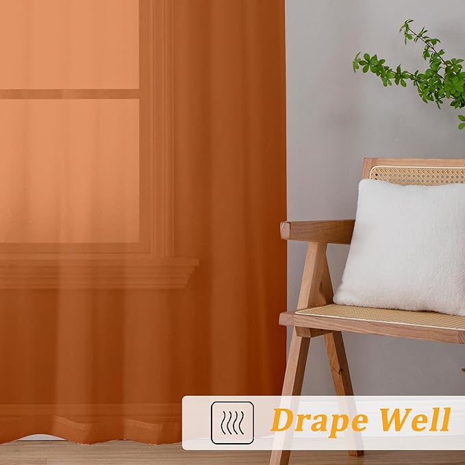 Gwine Burnt Orange Fall Sheer Curtains 96 Inches Long 2 Panels, Elegant Window Treatments Voile Curtains for Living Room, Light Filtering Rod Pocket Sheer Drapes, Each 42 Wx96 L