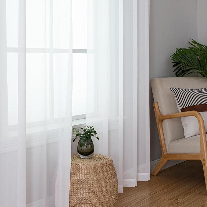 Aiyufeng White Sheer Curtains 90 Inches Long, Light Filtering Rod Pocket Solid Color Window Sheer Curtain Panels, Elegant Curtains & Drapes for Living Room, Bedroom 2 Panels (White, 59" W x 90" L)